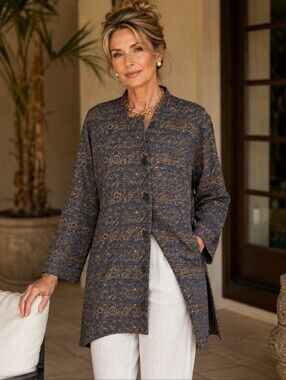 PERUVIAN CONNECTION PIMA COTTON double BUTTON long jacket neutral print sz L